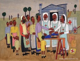 Enfermeras de la Cruz Roja repartiendo lana para tejer Enfermeras de la Cruz Roja repartiendo lana para tejer