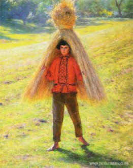 Un niño cargando una gavilla. Un niño cargando una gavilla.