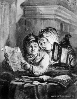 Niño y niña mirando dibujos. Niño y niña mirando dibujos.