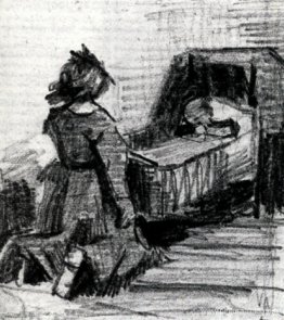 Niña arrodillada delante de una cuna Niña arrodillada delante de una cuna