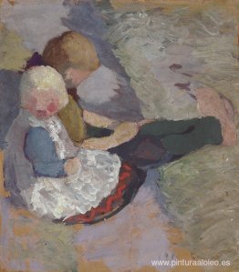 Dos niños se sientan en un prado Dos niños se sientan en un prado