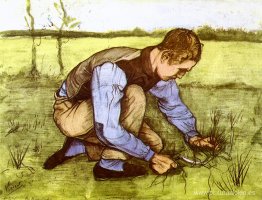 Niño cortando hierba con una hoz Niño cortando hierba con una hoz