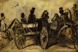 Carro y tres caballeros a caballo Carro y tres caballeros a caballo