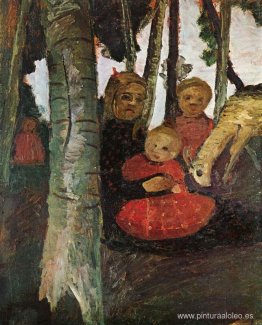 Tres niños con cabra en el bosque de abedules Tres niños con cabra en el bosque de abedules