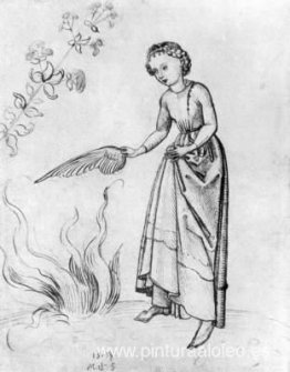 Mujer joven avivando un fuego con el ala de un pájaro Mujer joven avivando un fuego con el ala de un pájaro