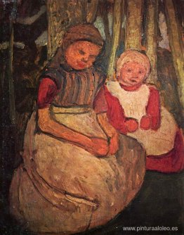 Dos niñas sentadas en el bosque de abedules Dos niñas sentadas en el bosque de abedules
