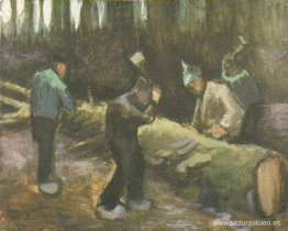 Cuatro hombres cortando madera Cuatro hombres cortando madera