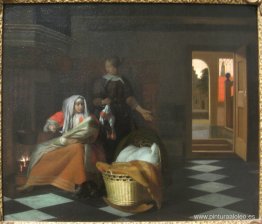 Mujer con un niño y una criada en un interior. Mujer con un niño y una criada en un interior.