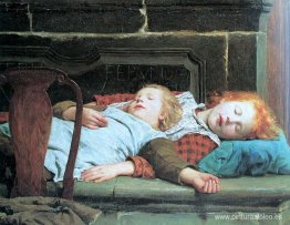 Dos niñas durmiendo en el banco de la estufa Dos niñas durmiendo en el banco de la estufa