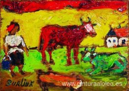 Campesina con vacas rojas y verdes. Campesina con vacas rojas y verdes.