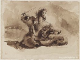 Caballo y jinete atacados por un león Caballo y jinete atacados por un león