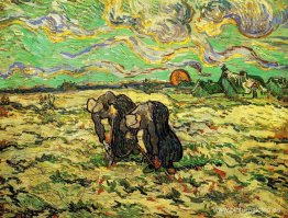 Dos mujeres campesinas cavando en el campo con nieve Dos mujeres campesinas cavando en el campo con nieve