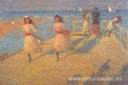Niñas corriendo, muelle de Walberswick Niñas corriendo, muelle de Walberswick