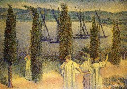 Vista costera con cipreses Vista costera con cipreses