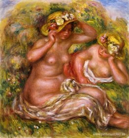 Dos mujeres con sombrero de flores. Dos mujeres con sombrero de flores.