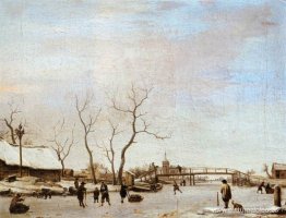 Canal helado con patinadores y jugadores de hockey. Canal helado con patinadores y jugadores de hockey.