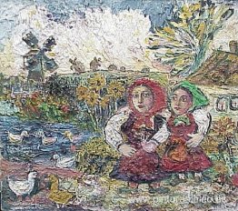 Dos niñas en un corral con patos y un molino de viento. Dos niñas en un corral con patos y un molino de viento.