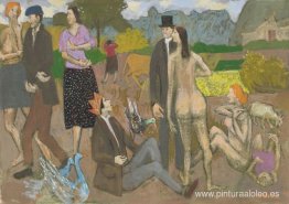 Escena de pueblo aux oiseaux bleus Escena de pueblo aux oiseaux bleus