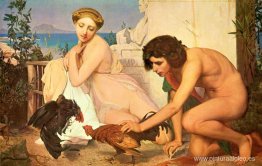 Jóvenes griegos animan a los gallos a pelear Jóvenes griegos animan a los gallos a pelear