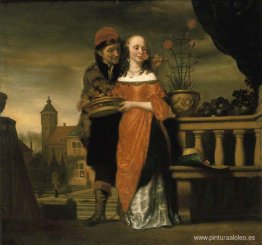 Un hombre sosteniendo un clavel en la nariz de una mujer. Una al Un hombre sosteniendo un clavel en la nariz de una mujer. Una al