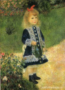 Una niña con una regadera. Una niña con una regadera.