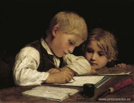 Niño escribiendo con hermana pequeña Niño escribiendo con hermana pequeña