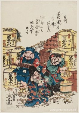 Daikoku, Ebisu y Fukurokuju contando dinero Daikoku, Ebisu y Fukurokuju contando dinero