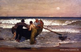 Empujando el barco en el mar Bright, Nueva Jersey Empujando el barco en el mar Bright, Nueva Jersey