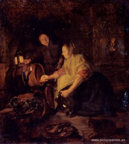 Una mujer sacando vino de un barril. Una mujer sacando vino de un barril.