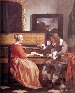 Un hombre y una mujer sentados junto a un virginal. Un hombre y una mujer sentados junto a un virginal.