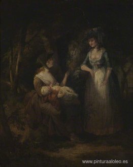 Dos mujeres con un bebé conversando en un bosque. Dos mujeres con un bebé conversando en un bosque.