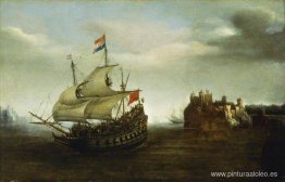 Un castillo con un barco navegando cerca Un castillo con un barco navegando cerca