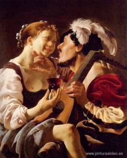 Un laudista de juerga con una mujer joven sosteniendo un Roemer Un laudista de juerga con una mujer joven sosteniendo un Roemer