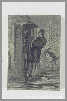 Escena callejera. Dos personajes en la parte trasera de un servi Escena callejera. Dos personajes en la parte trasera de un servi