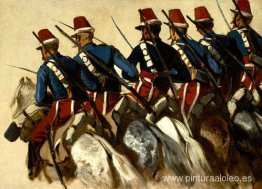 Una fila de hombres del Calvario a caballo Una fila de hombres del Calvario a caballo