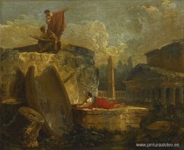 Dibujantes en un paisaje con ruinas antiguas Dibujantes en un paisaje con ruinas antiguas