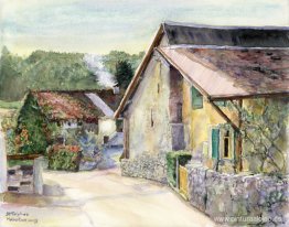 Antigua granja en el pueblo suizo de Saint-Triphon, pintura acua Antigua granja en el pueblo suizo de Saint-Triphon, pintura acua