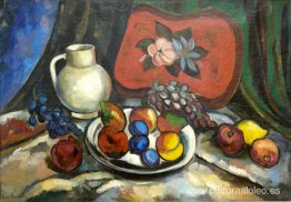 Naturaleza muerta con bandeja, jarra blanca y fruta. Naturaleza muerta con bandeja, jarra blanca y fruta.