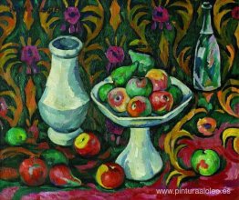 Bodegón con botella, jarra y fruta. Bodegón con botella, jarra y fruta.