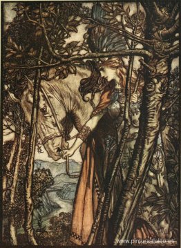 Brünnhilde conduce lenta y silenciosamente su caballo por el cam Brünnhilde conduce lenta y silenciosamente su caballo por el cam