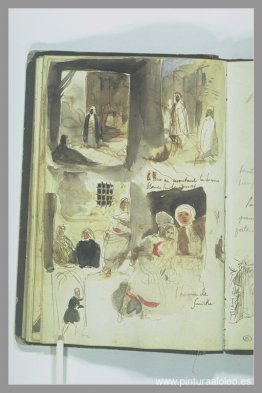 Calles y tiendas con personajes, notas escritas a mano. Calles y tiendas con personajes, notas escritas a mano.