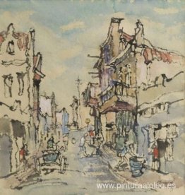 Escena callejera del Distrito 6 con figuras, edificios y carros Escena callejera del Distrito 6 con figuras, edificios y carros