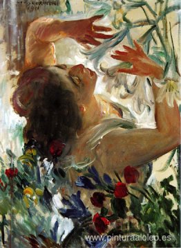 Mujer con lirios en un invernadero. Mujer con lirios en un invernadero.