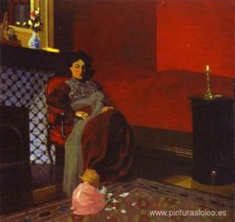 Interior habitación roja con mujer y niño. Interior habitación roja con mujer y niño.