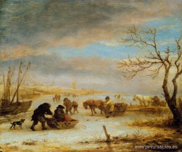Paisaje de hielo congelado con carruajes y barcos. Paisaje de hielo congelado con carruajes y barcos.
