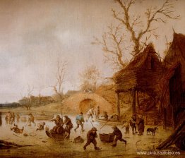 Un paisaje invernal con patinadores, niños jugando a Kolf y figu Un paisaje invernal con patinadores, niños jugando a Kolf y figu