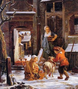 Vista de la ciudad de invierno con niños. Vista de la ciudad de invierno con niños.