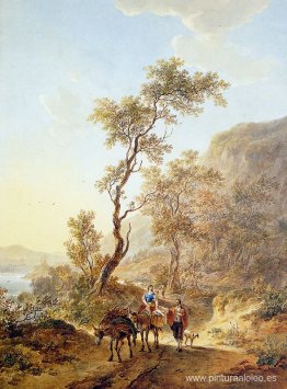 Paisaje italiano con pareja de pastores. Paisaje italiano con pareja de pastores.