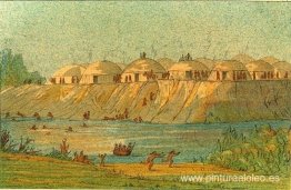 Un pueblo de la tribu Hidatsa en Knife River Un pueblo de la tribu Hidatsa en Knife River