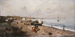 Barcos y niños en la playa. Barcos y niños en la playa.